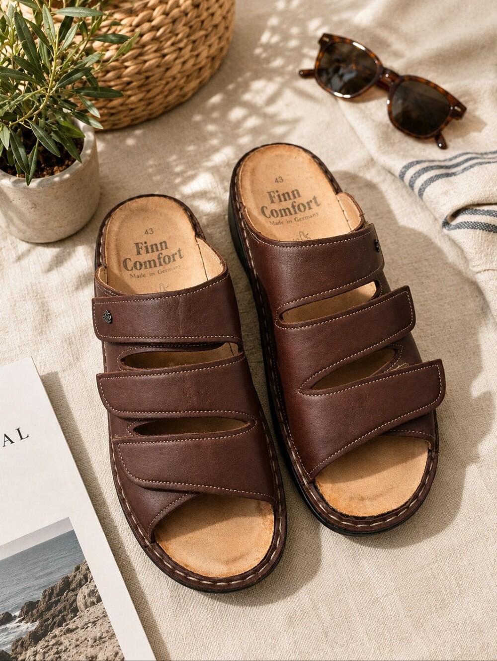 Finn Comfort Unisex Brown Triple-Strap Leather Sandals Mens 10-10.5Ladies11.5-12